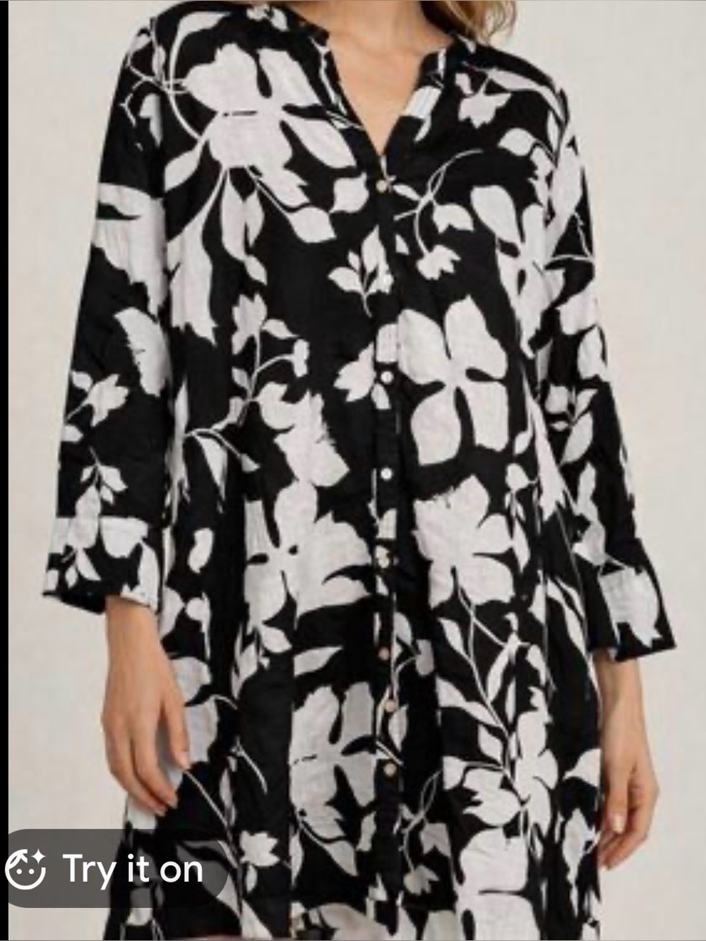 Cynthia Rowley Black and White Floral Long Sleeve Button-Front Dress Linen. M.